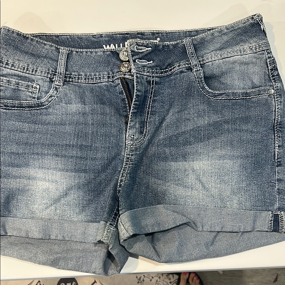 Wallflower Blue Jean Shorts with Cuffed Hem and Distressed Finish